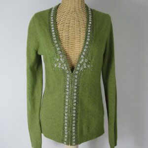 J Crew Women S Olive Green Angora Merino Wool Cashmere Beaded Pearls LS Cardigan